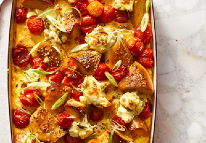 Best Tomato and Scallion Cream Cheese Bagel Bake Recipe - How To Make Tomato and Scallion Cream Cheese Bagel Bake